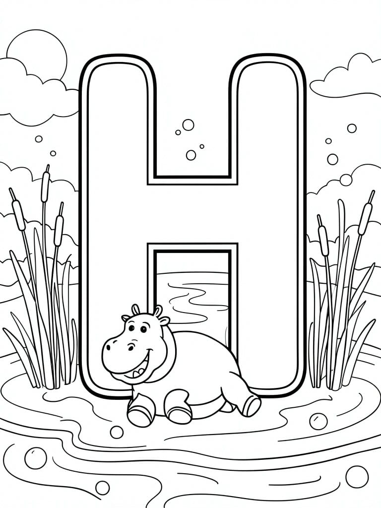 A black and white coloring page showing the letter H with a hippo in water, reeds, bubbles, and a sun.
