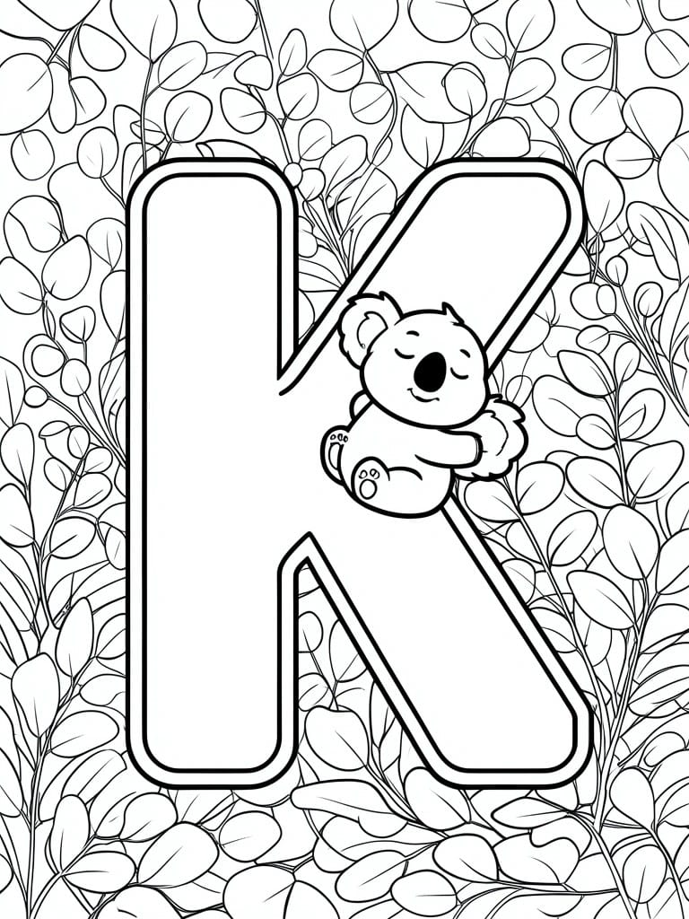 A black and white coloring page shows the letter K with a koala clinging to it amid leafy branches.