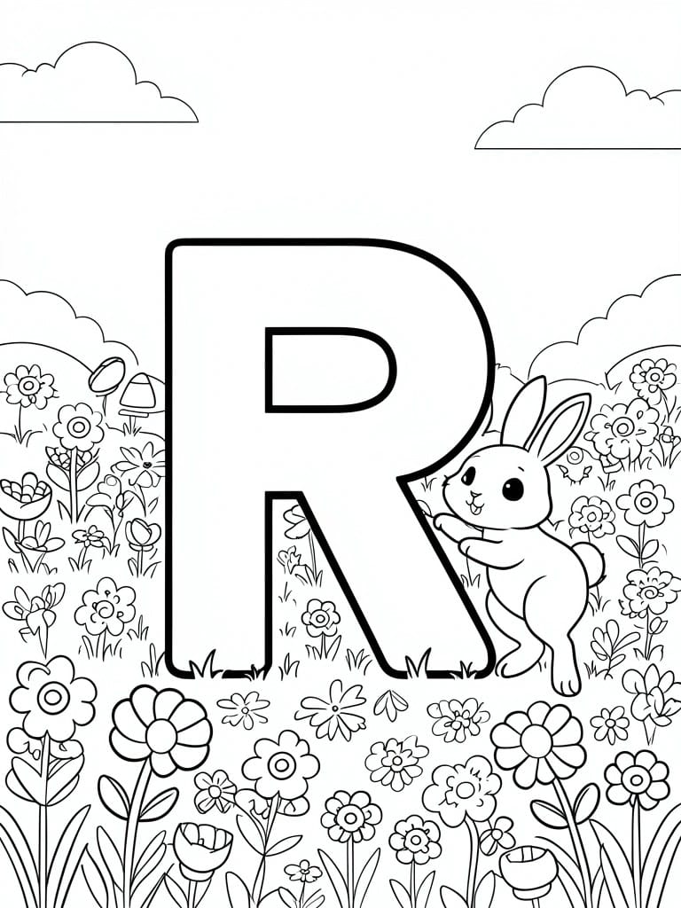 Large letter R beside bunny rabbit in flower garden coloring page with clouds