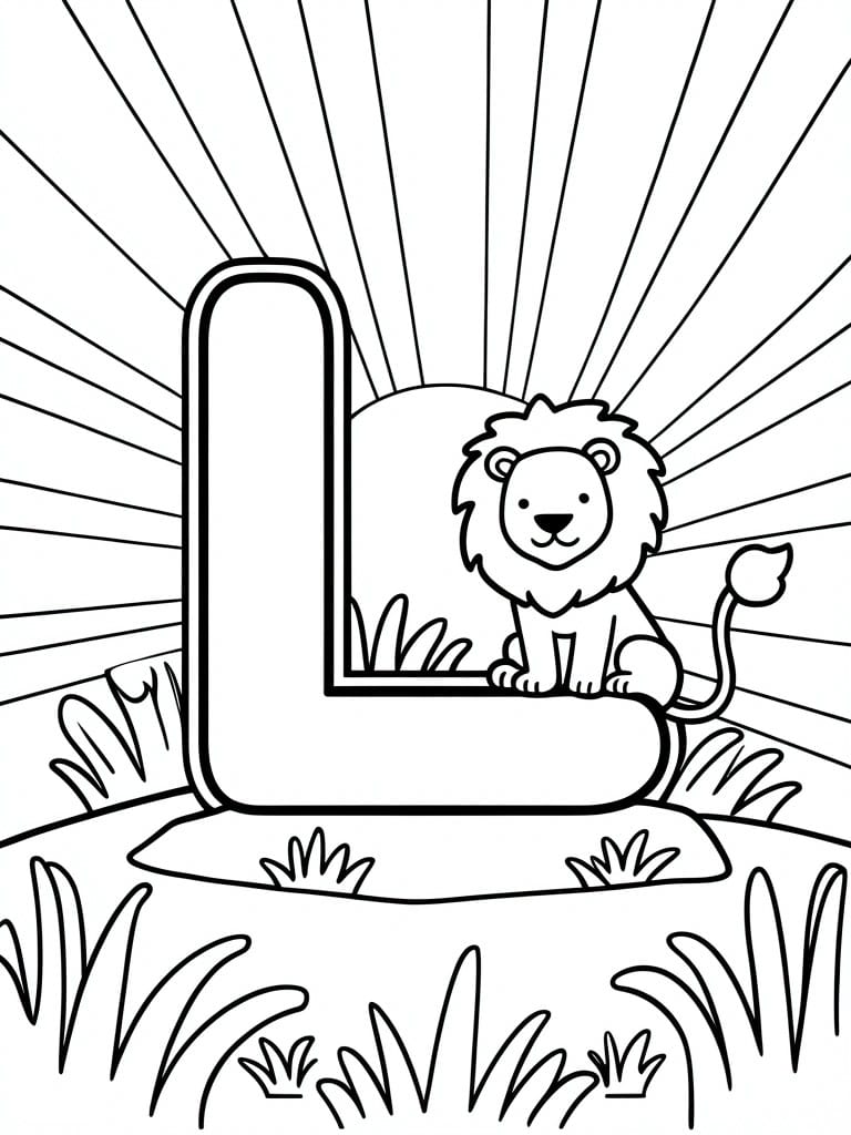 Coloring page of letter L with cartoon lion on grass under sun rays.