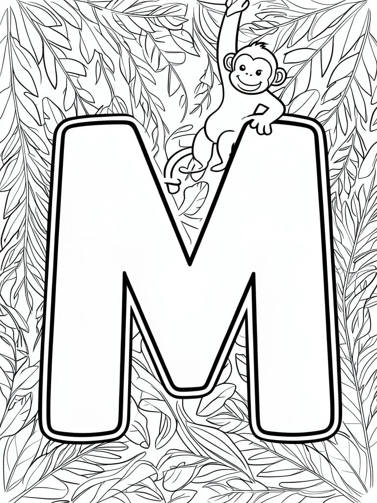 Coloring page of a large letter M with a monkey on top and jungle leaves in the background.