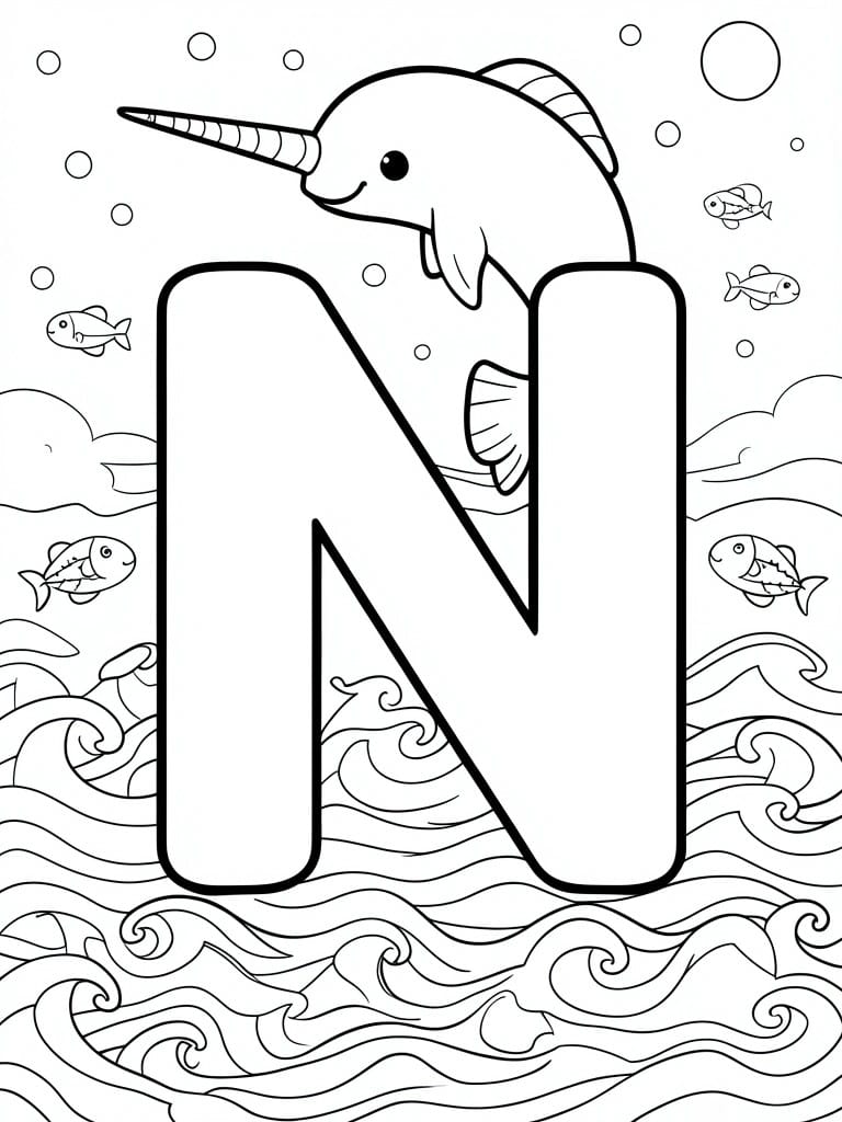 Coloring page with large letter N, narwhal, fish, and ocean waves.