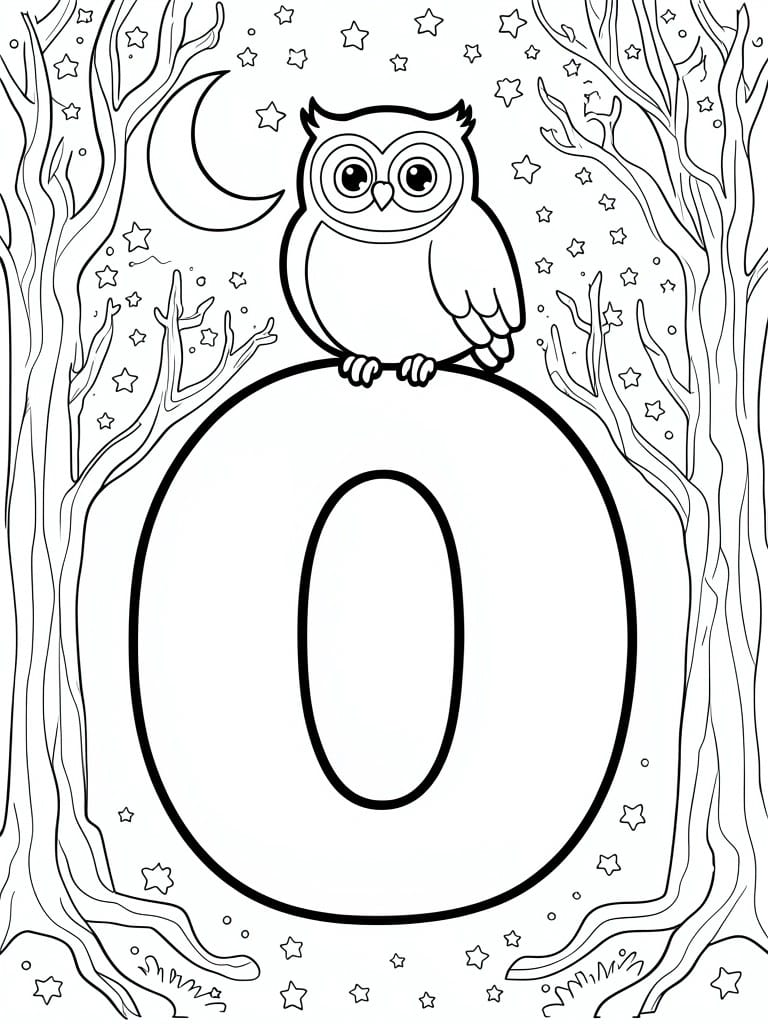 Owl perched on large letter O amid trees, stars, and crescent moon