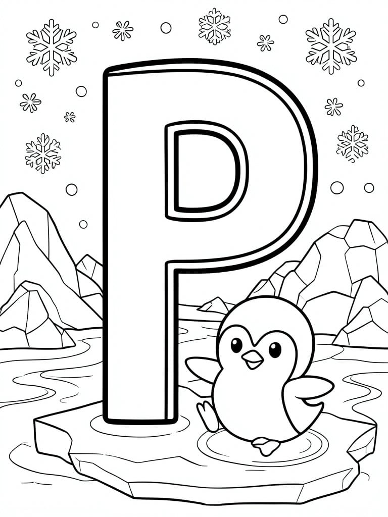 Large P with penguin on ice floe amid snowflakes and icy rocks