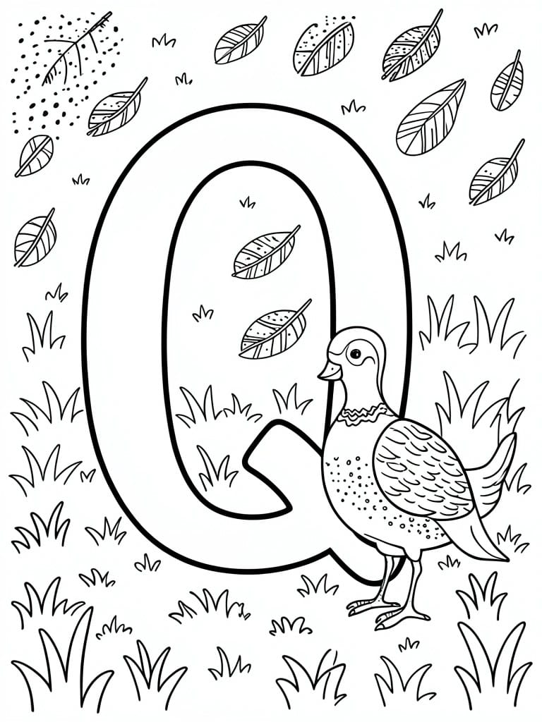 Large letter Q with quail bird amid leaves, grass, and feathers in line art.