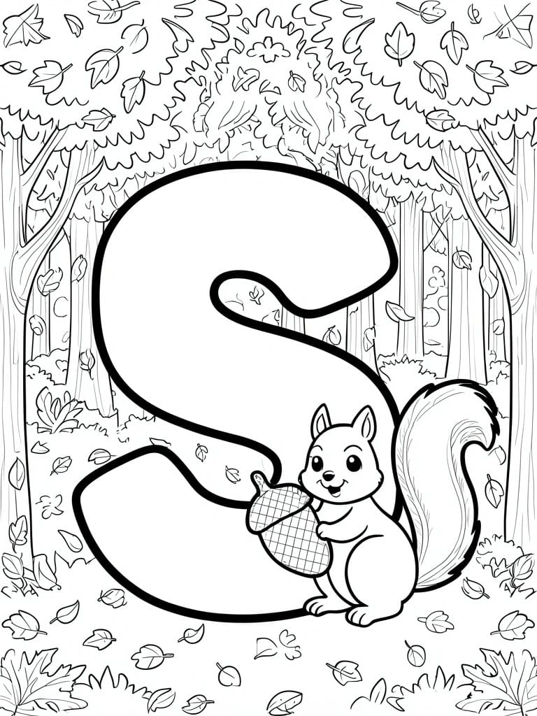 A black and white coloring page shows a large letter S with a squirrel holding an acorn in front of trees and falling leaves.