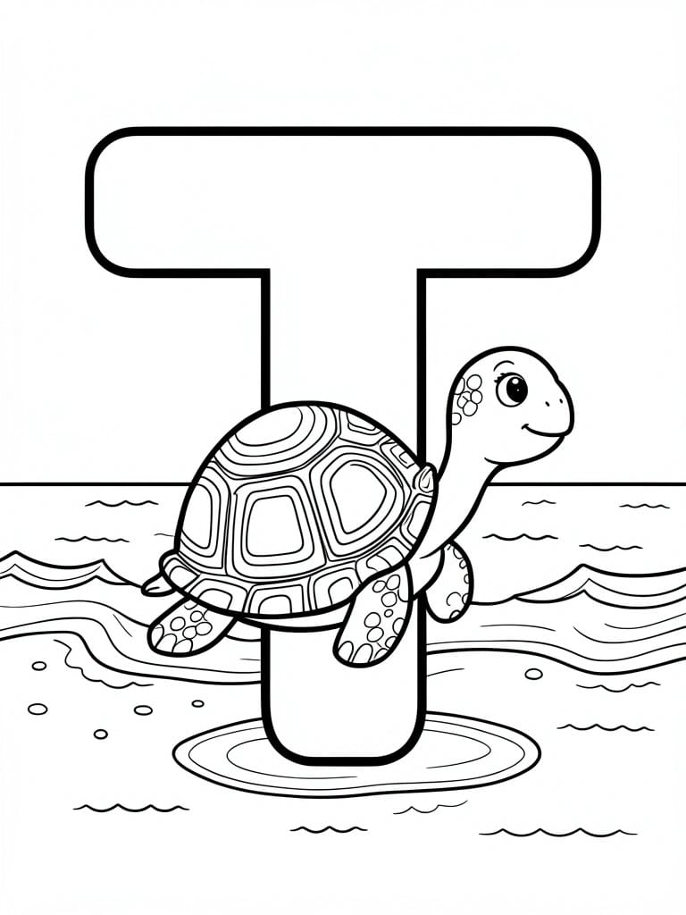 Coloring page of letter T with sea turtle on wavy beach