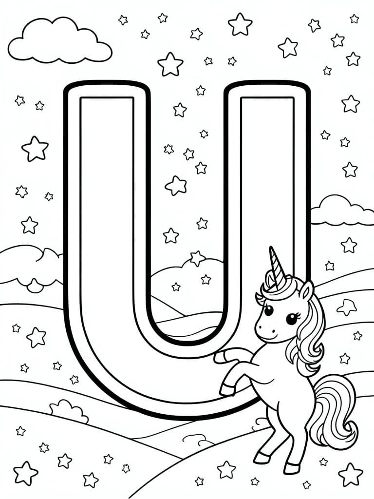 Coloring page of large letter U with unicorn, stars, and clouds