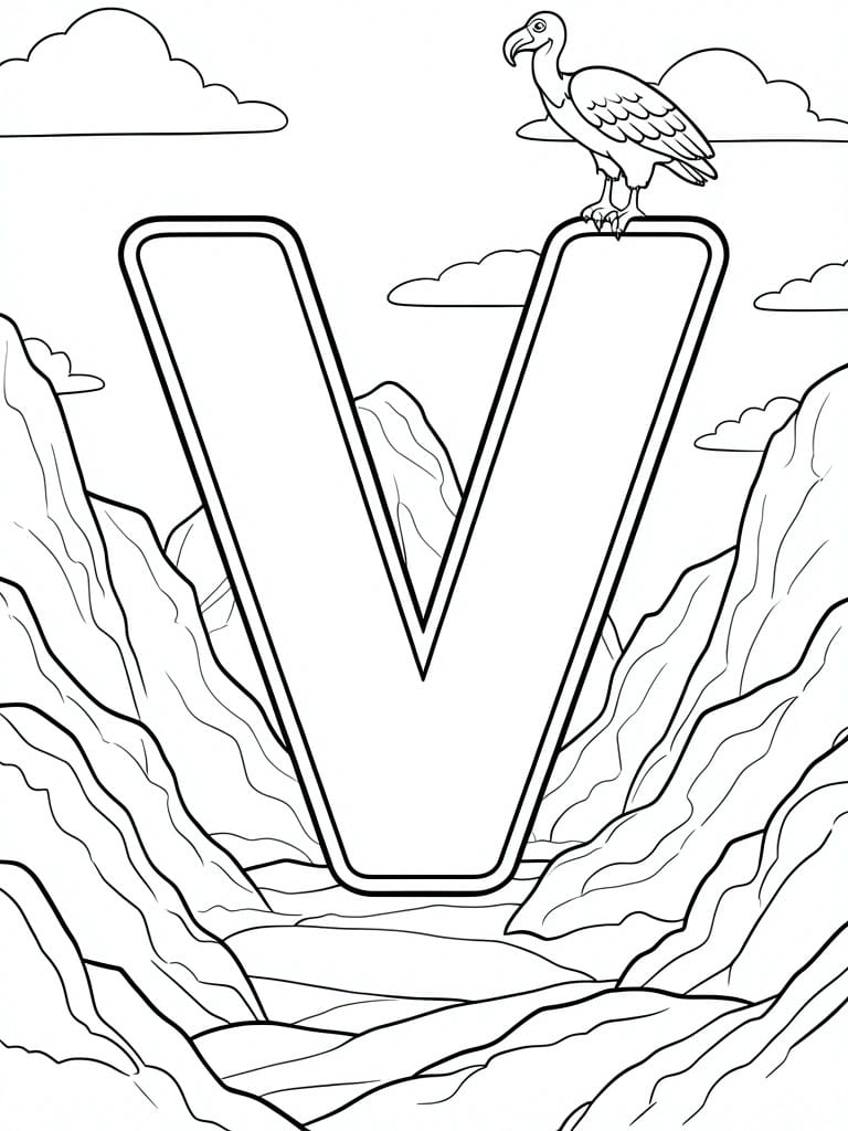 A coloring page shows the letter V with a vulture standing on top and rocky cliffs in the background.