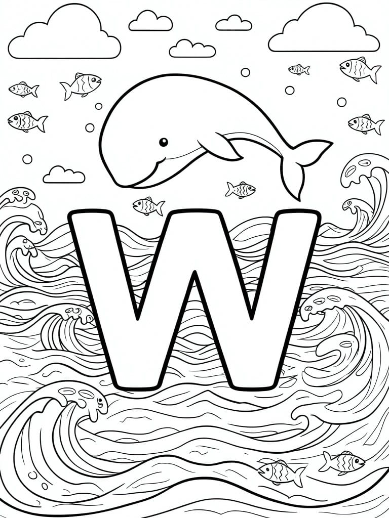 Coloring page with large letter W amid ocean waves, whale, fish, and clouds.
