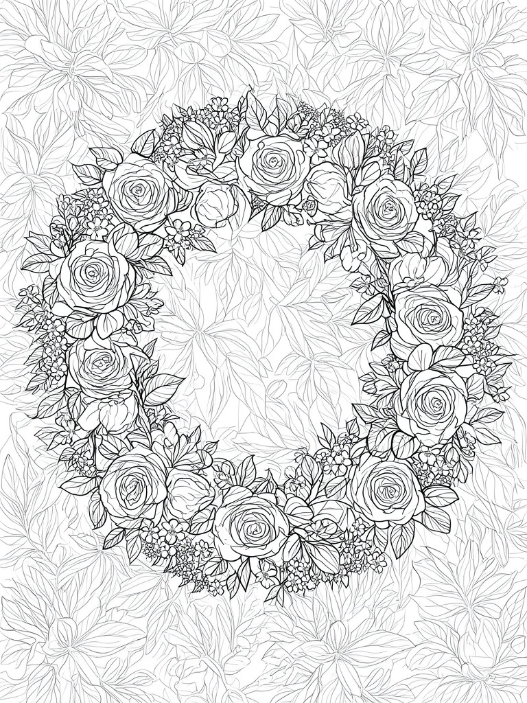 Black and white floral wreath of roses and leaves on patterned background