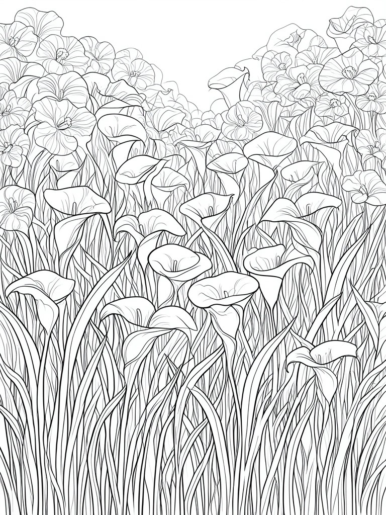 Black and white line drawing of many calla lilies growing closely together with long leaves.