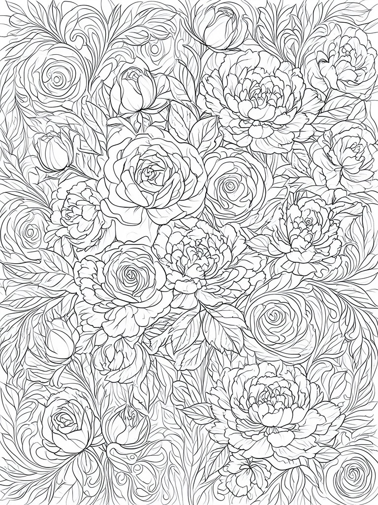 Intricate black-and-white line art of blooming roses, peonies, and swirling leaves.