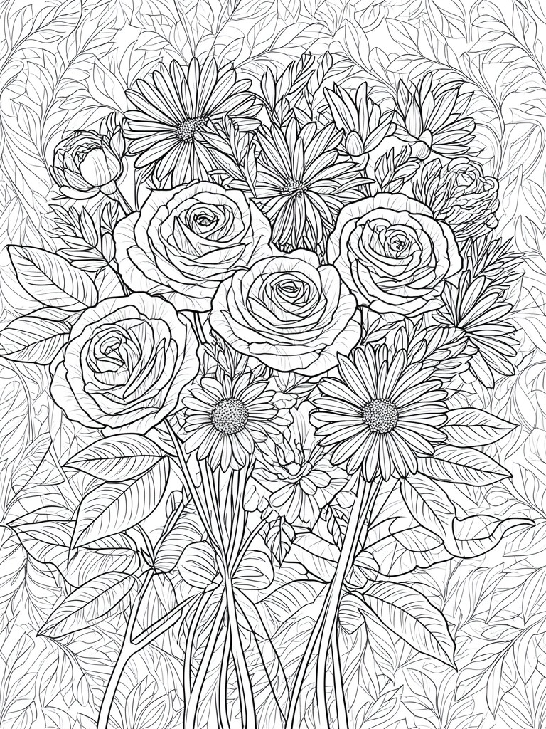 Black and white line drawing of roses, daisies, and leafy bouquet.