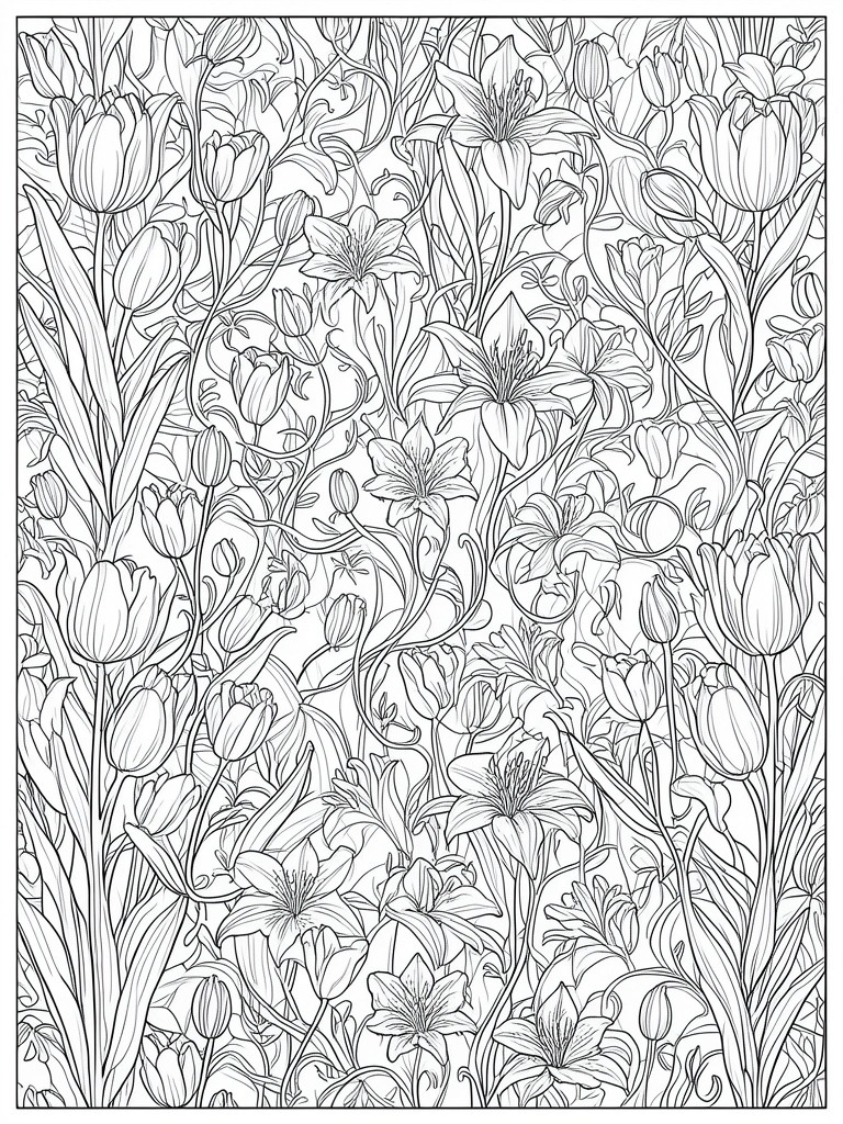 Dense black and white line art of tulips, lilies, and foliage