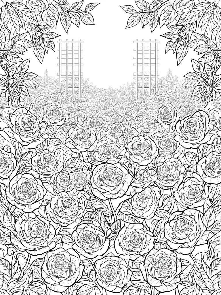 A black and white line drawing of a garden filled with many roses, leaves, and two trellises visible in the background.