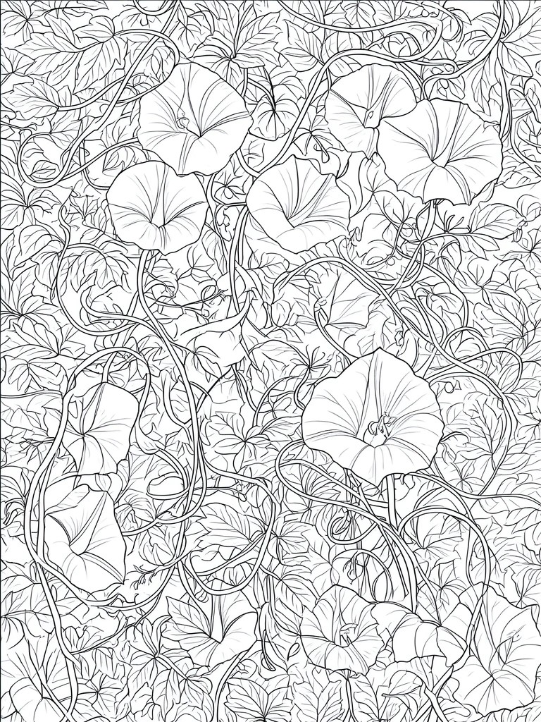 A black and white line drawing of many trumpet-shaped flowers, leaves, and twisting vines covering the entire page.