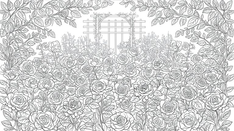 A black and white line drawing of a garden filled with many roses, leaves, and two trellises visible in the background.