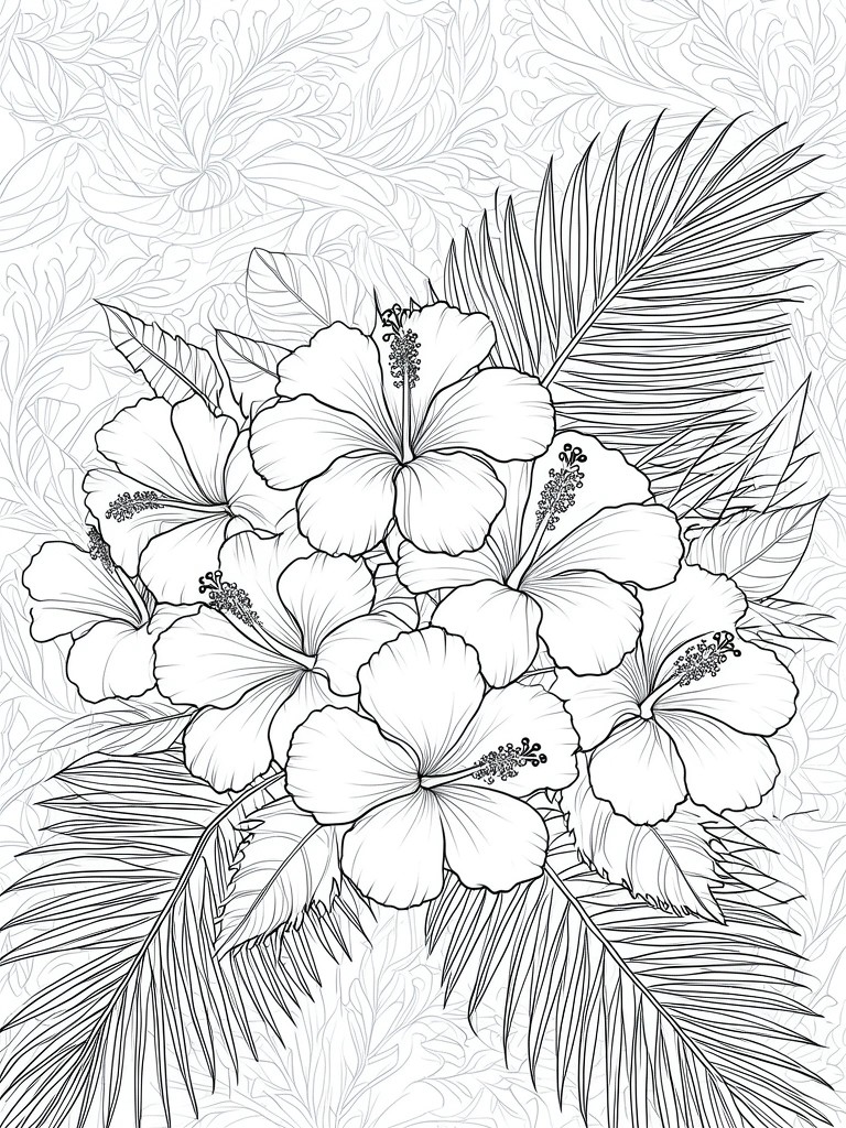 Black and white line drawing of hibiscus flowers surrounded by palm leaves on a patterned background.