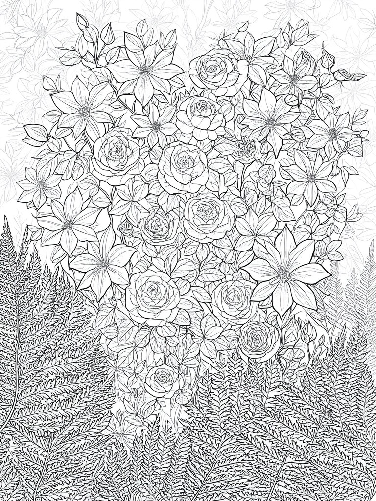 Detailed black and white line art of roses, flowers, and ferns in bloom.