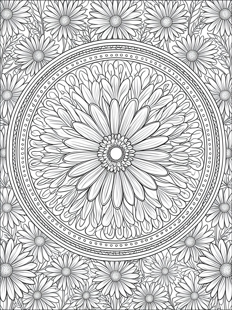 A black and white coloring page with a large central flower inside a dotted circle, surrounded by smaller daisy flowers filling the rest of the page.