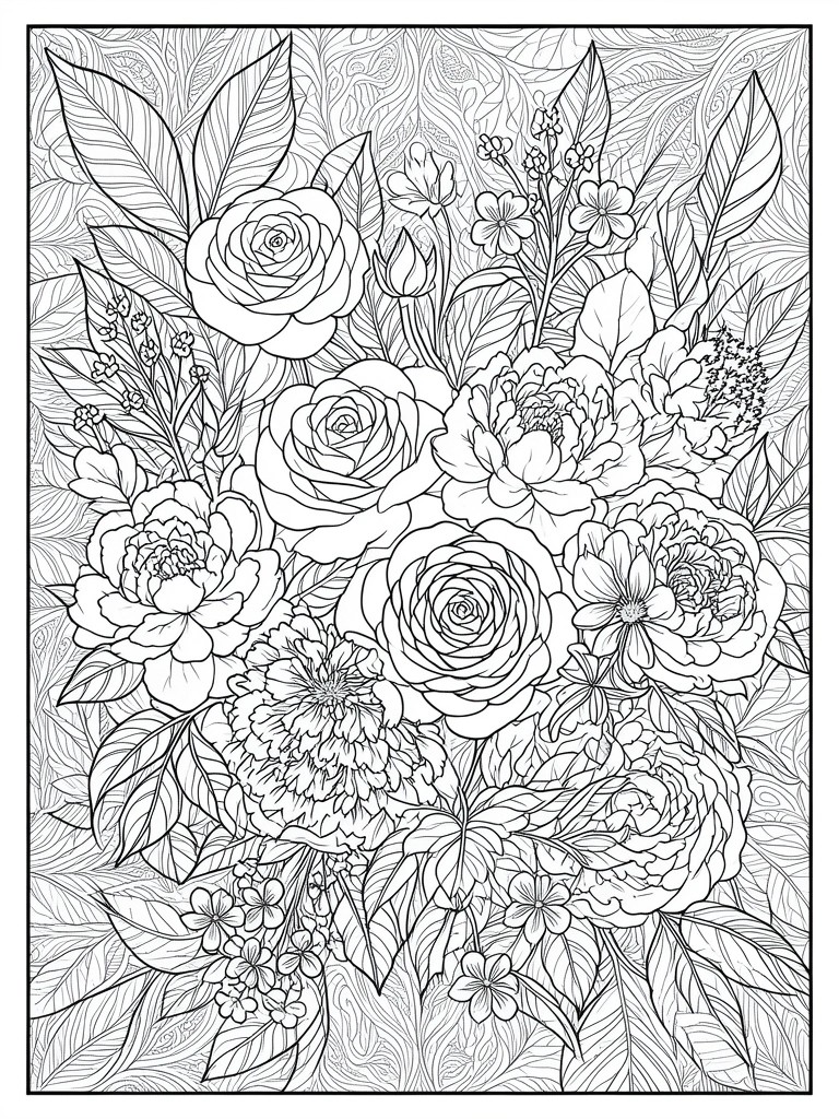 A black and white line drawing of a dense bouquet of roses, peonies, and other flowers with leaves on a patterned background.