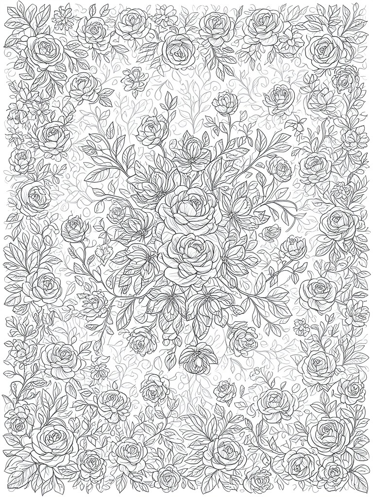 Intricate black-and-white line art of dense blooming roses and leafy vines.