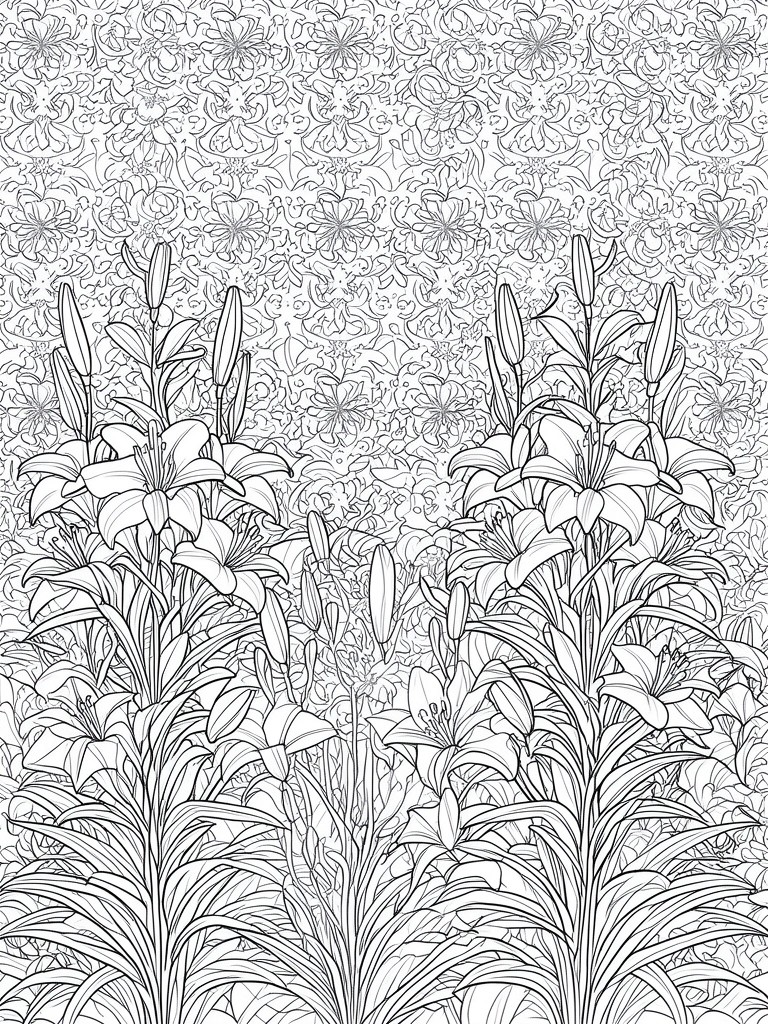 Coloring page of tall lilies in the foreground with a dense repeating floral pattern in the background.