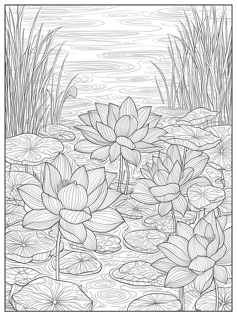 Black and white line drawing of lotus flowers and lily pads on a pond.