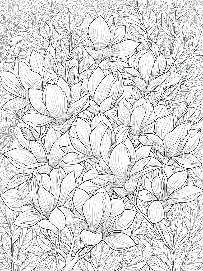 Dense black-and-white line drawing of magnolia flowers amid leafy branches.