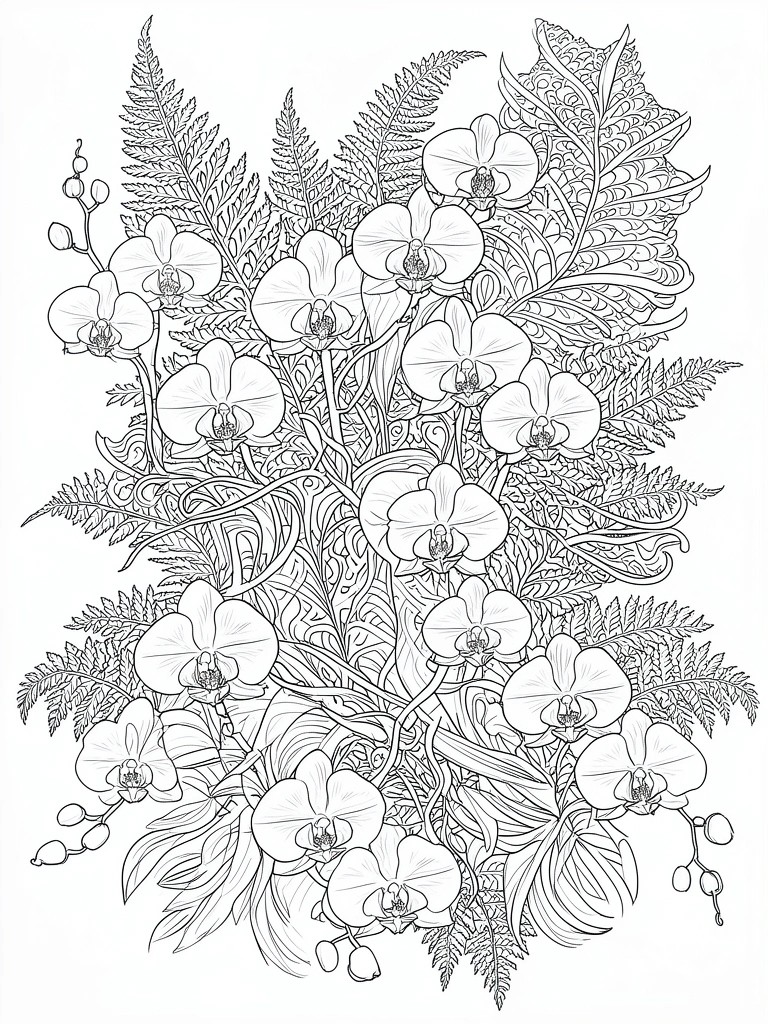 A black and white line drawing of many orchid flowers surrounded by dense fern leaves and small berry clusters.