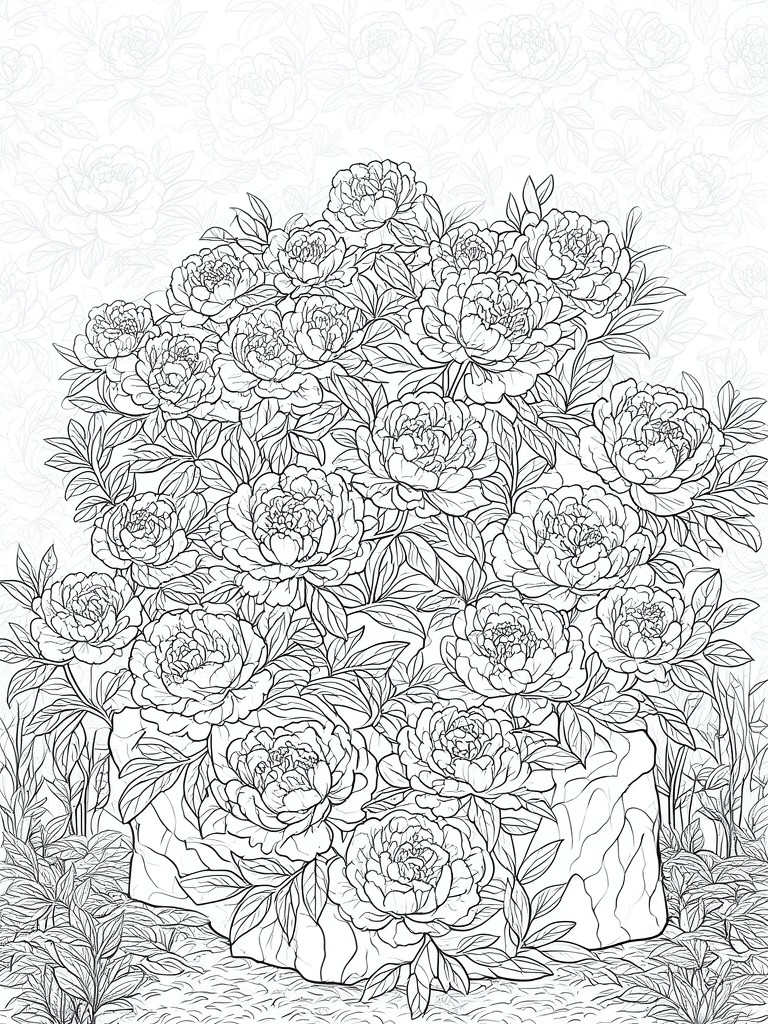 A black and white line drawing of a large bouquet of peonies in a basket with leaves and faint background flowers.