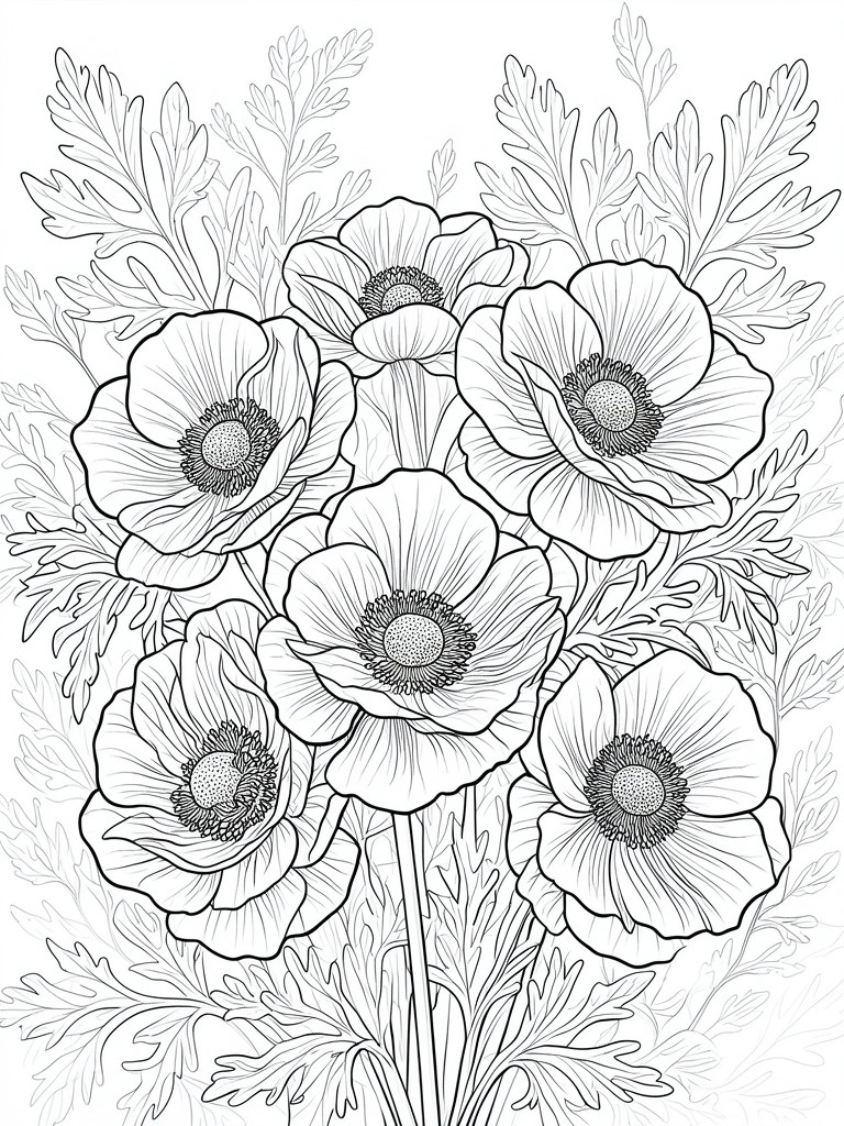 A black and white line drawing of multiple poppy flowers with detailed centers and surrounding leaves clustered together.