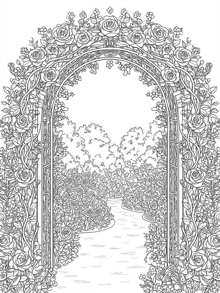 Black and white line drawing of rose-covered archway over winding garden path