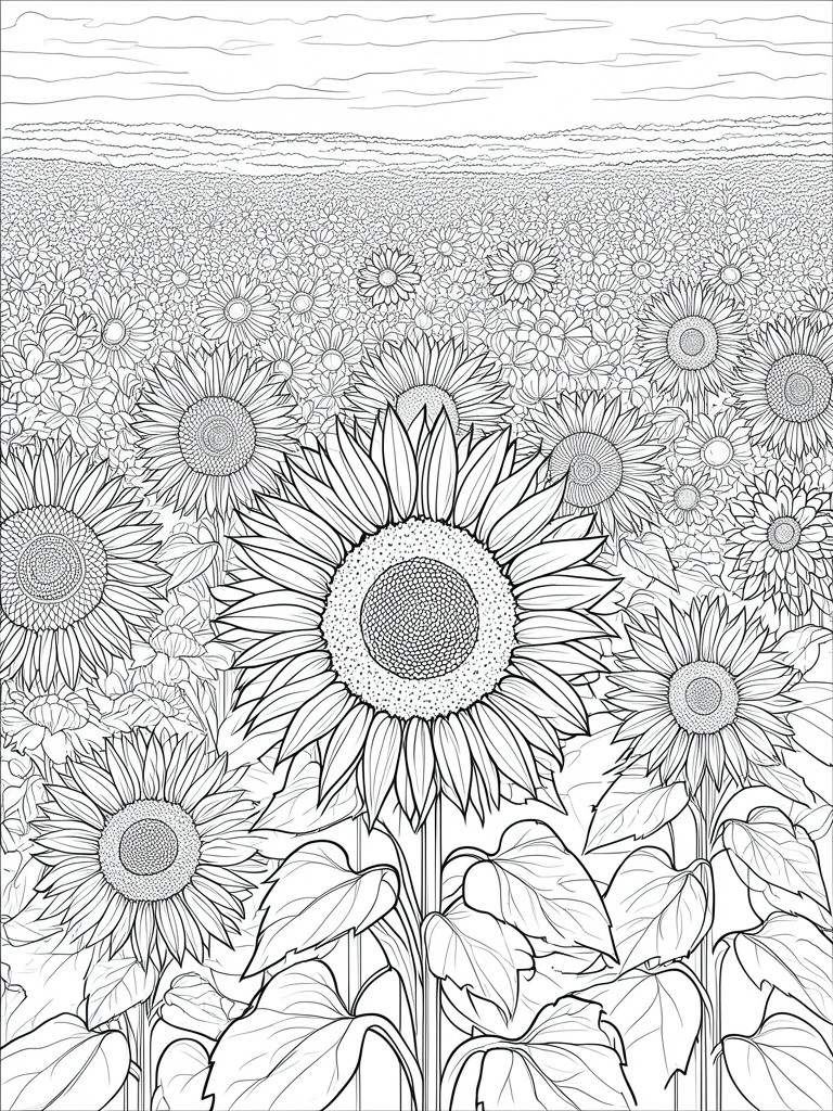 Black and white line drawing of large sunflowers in the foreground with a vast field of smaller blooms extending toward hills and a lined sky.