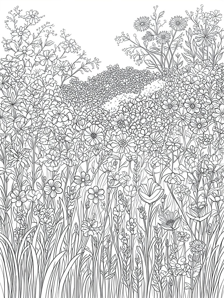 A black and white line drawing of a dense wildflower field with various flowers and grasses.