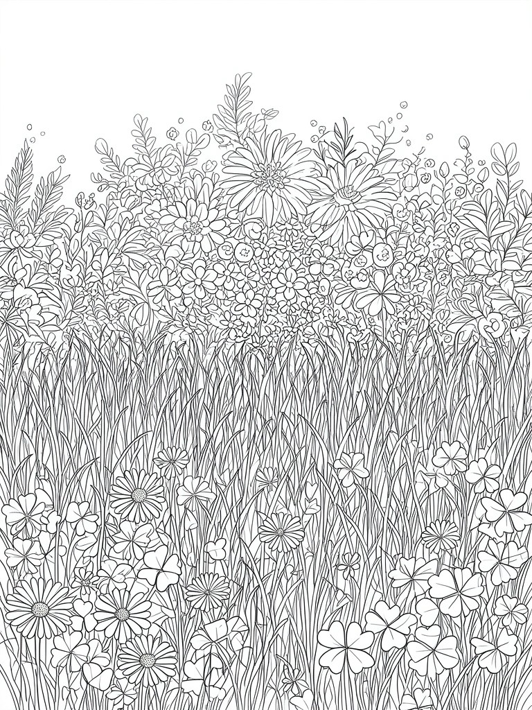 Black and white line drawing of wildflowers, clover and tall grass in a meadow