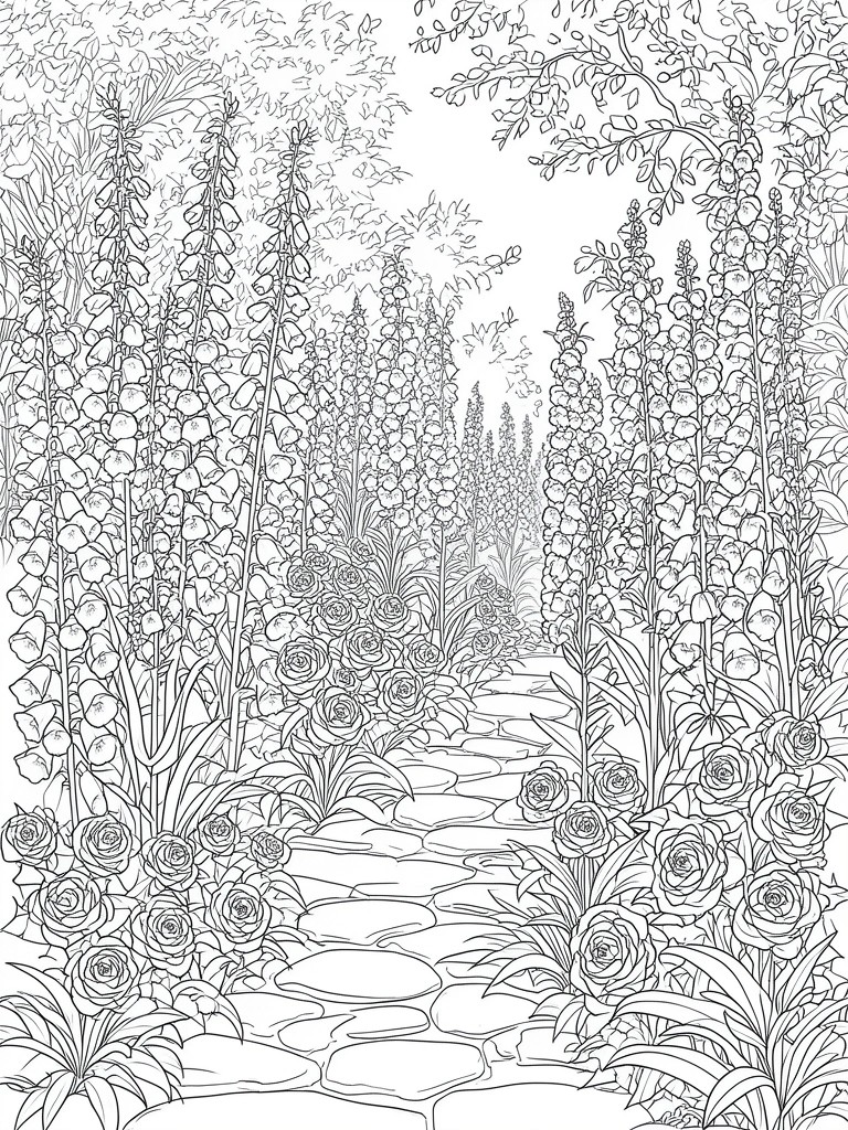 Coloring book page of winding stone path through blooming roses and foxgloves.