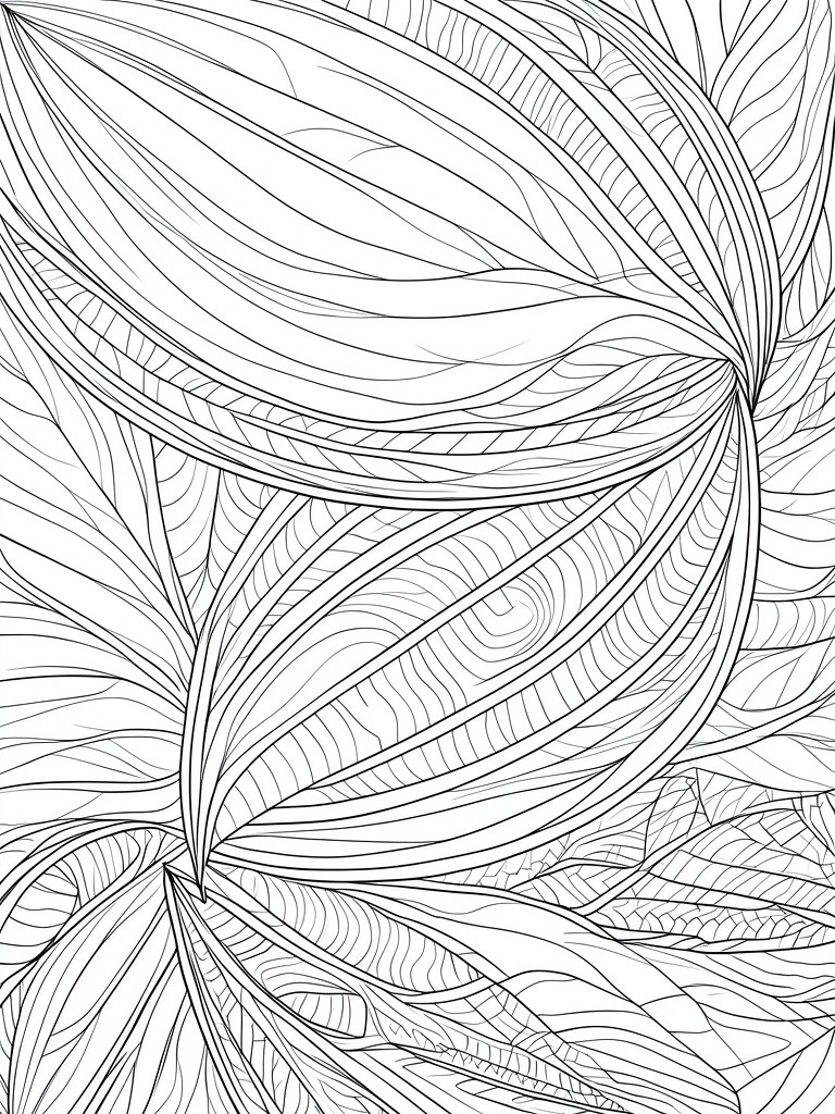 Black and white abstract line art of swirling overlapping leaves and fronds