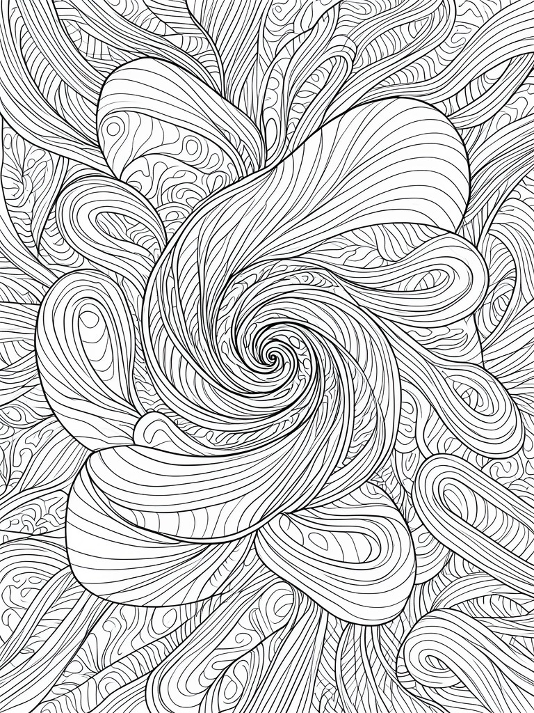 Black and white abstract coloring page with a central spiral vortex and surrounding flowing organic shapes filled with parallel lines.