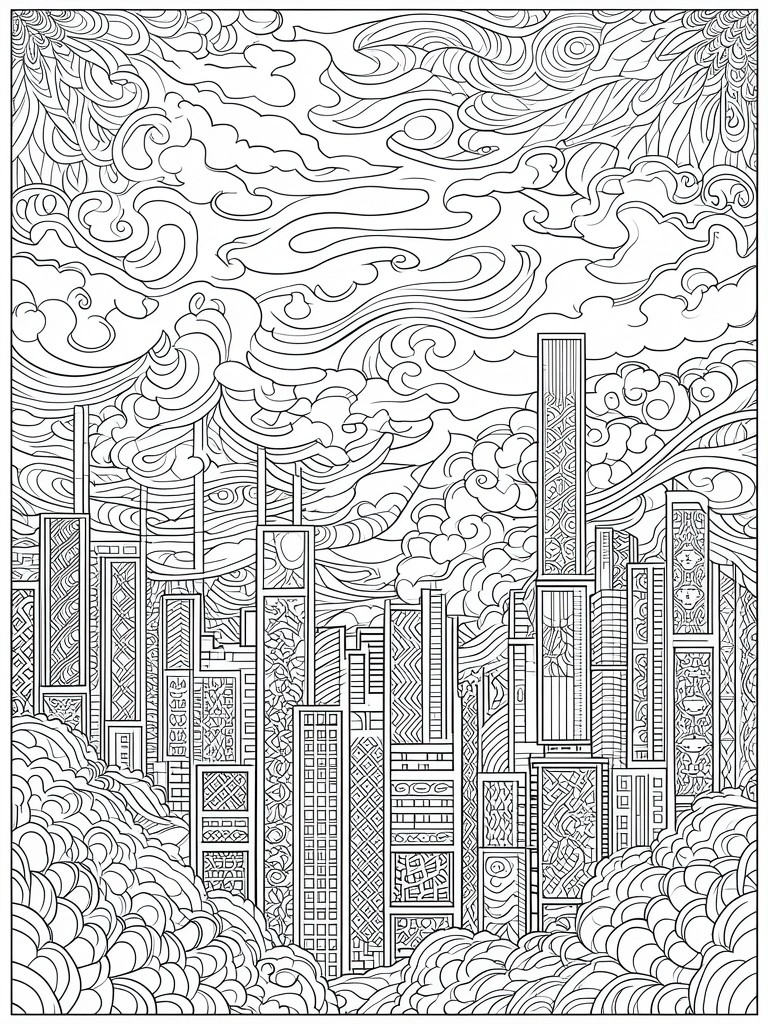 Black and white line art of ornate skyscrapers beneath swirling decorative clouds