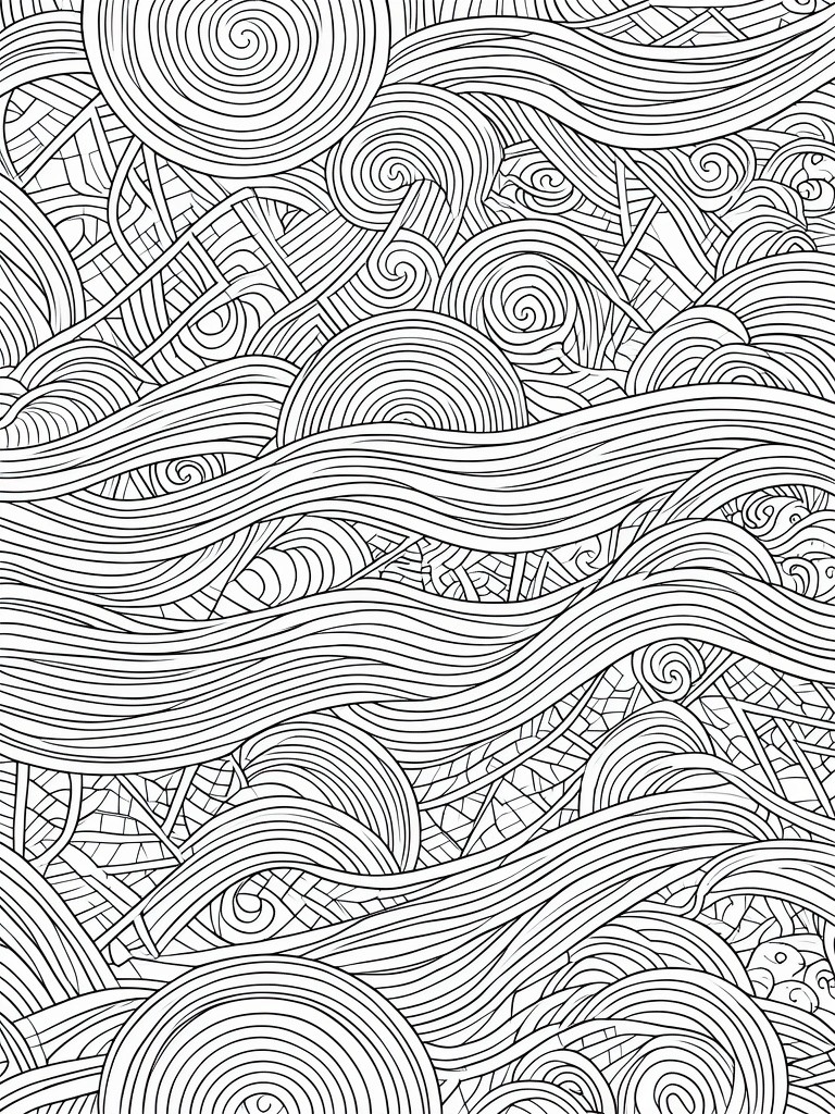 Abstract black and white drawing of swirling waves, lines and spirals