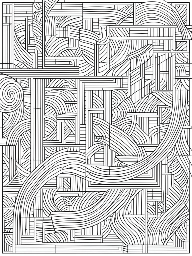 Intricate black and white abstract line art with swirling curves and geometric shapes.