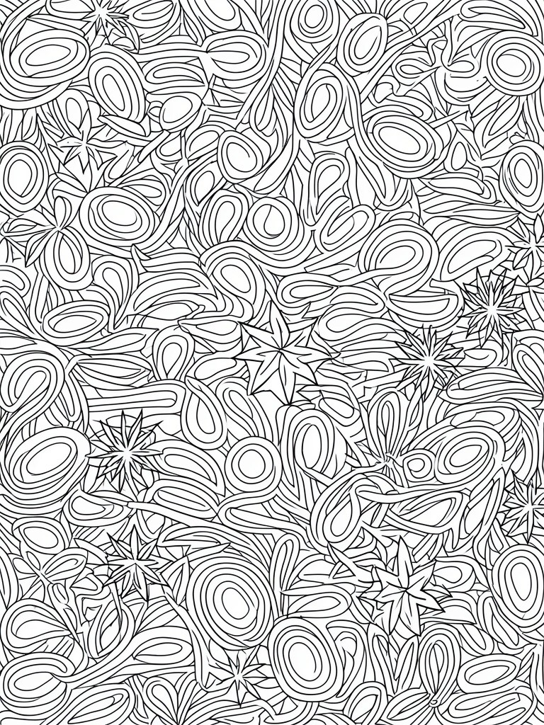 A black and white coloring page filled with abstract flowing shapes, ovals, loops, and star-like flowers in a dense overlapping pattern.