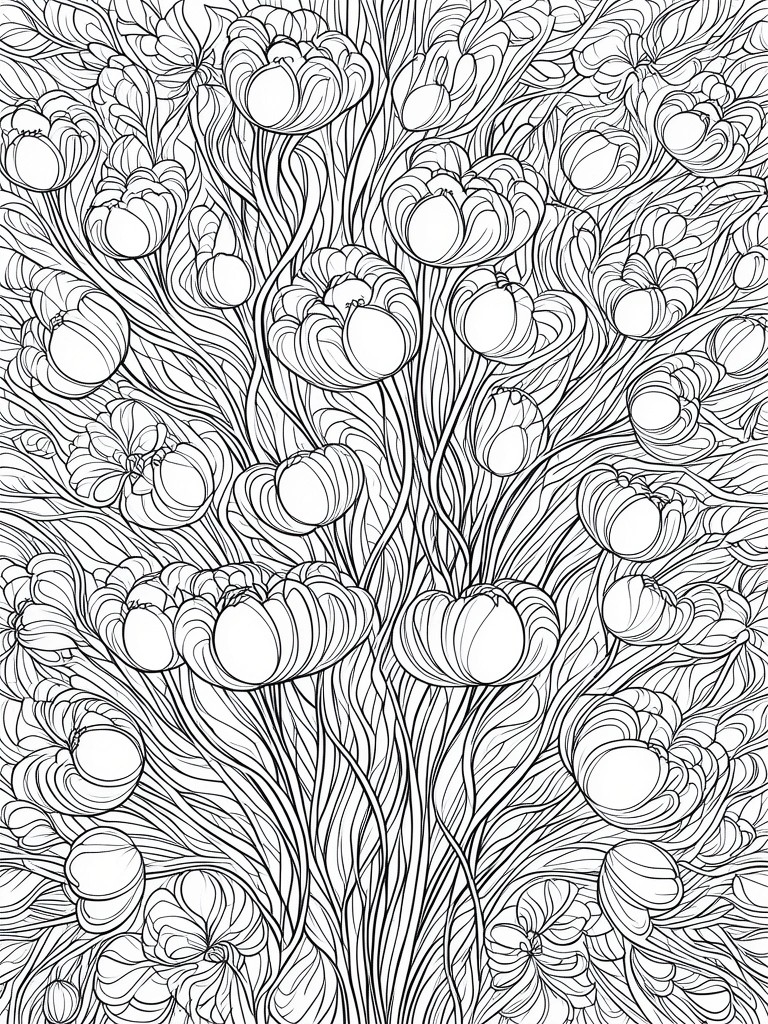 Black and white line art of dense overlapping tulips with swirling stems.