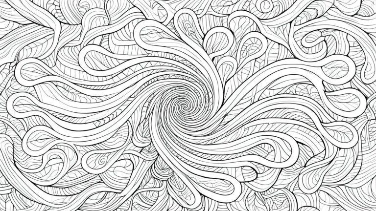 24 Artistic Abstract Coloring Pages Using Flowing Shapes and Modern Patterns Black and white abstract coloring page with a central spiral vortex and surrounding flowing organic shapes filled with parallel lines.