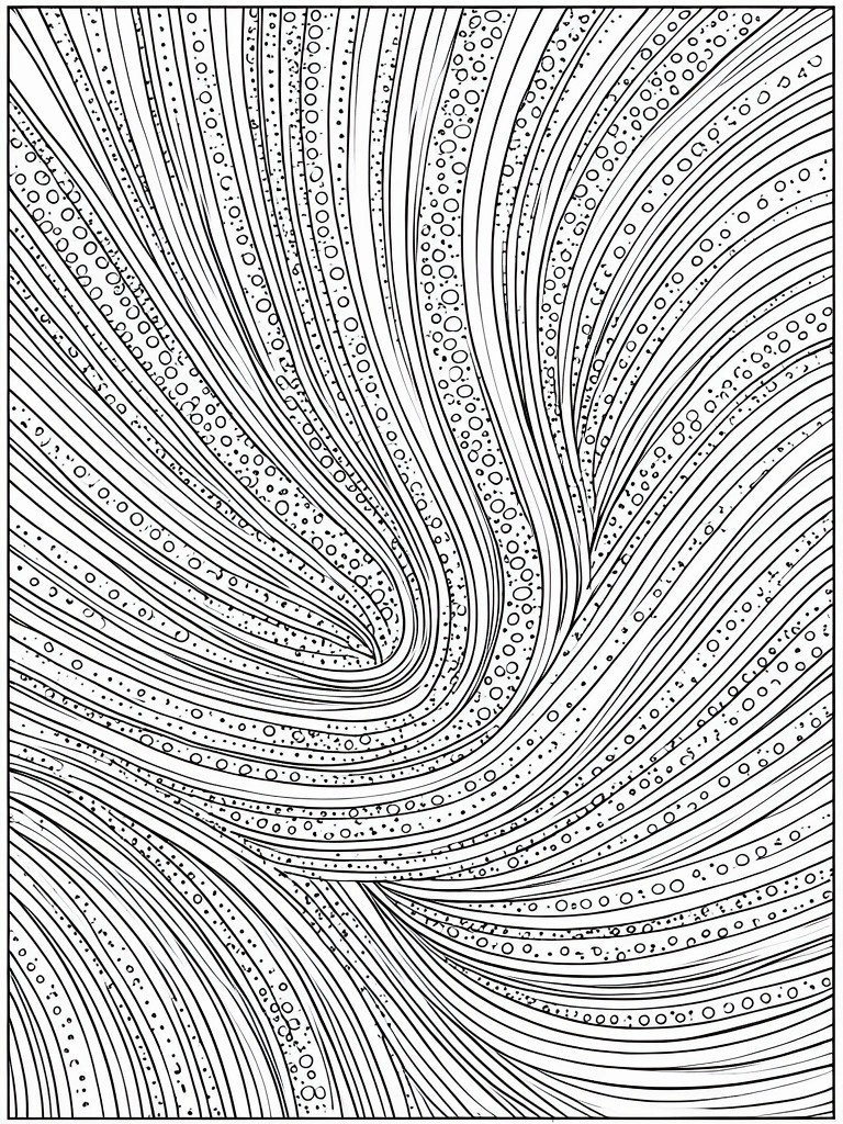 An abstract coloring page with swirling curved lines and rows of small circles forming a dynamic flowing design.