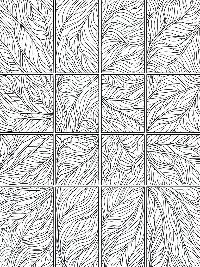 Grid of black and white panels with intricate swirling leaf patterns