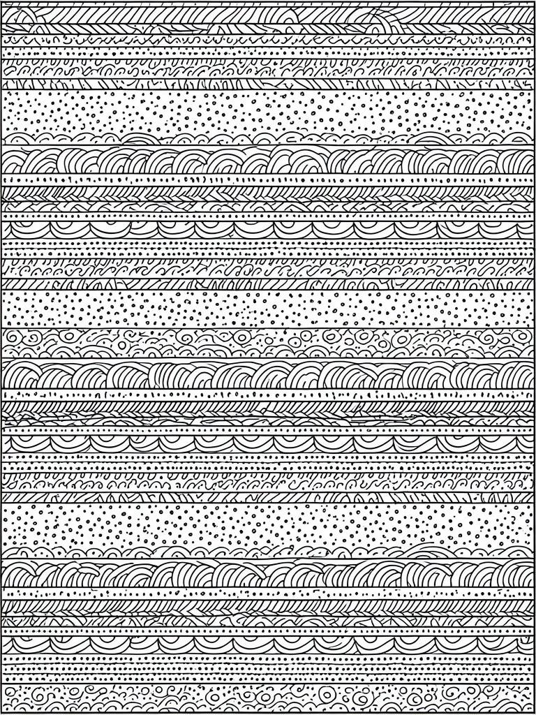 A black and white coloring page filled with horizontal rows of different abstract patterns including lines, dots, waves, and swirls.