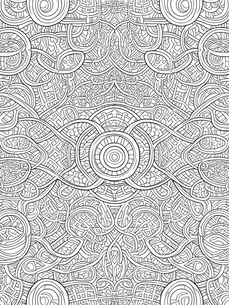 Intricate black-and-white mandala of interwoven knots, loops, and concentric circles